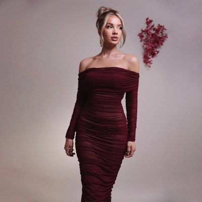 Designsoo Tulle Off-the-Shoulder Ruched Bodycon Long Sleeve Maxi Dress - European and American Style 02