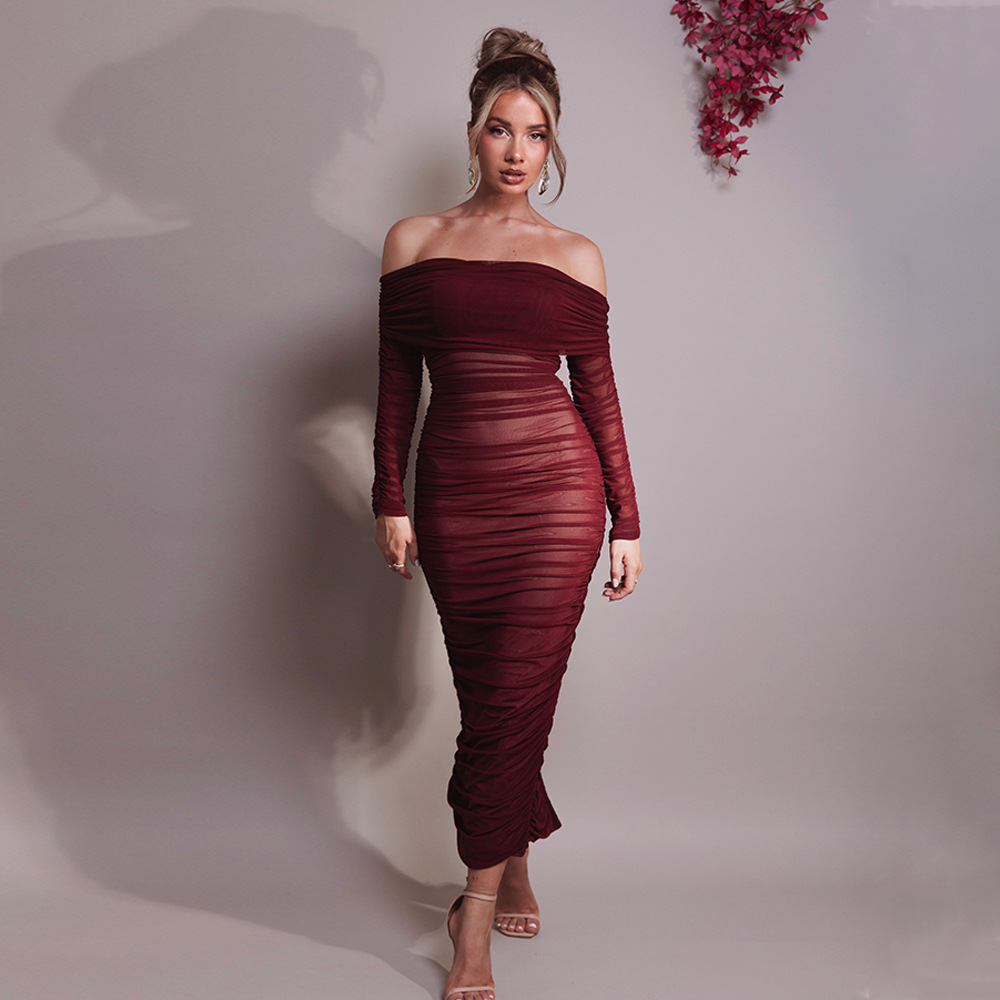 Designsoo Tulle Off-the-Shoulder Ruched Bodycon Long Sleeve Maxi Dress - European and American Style