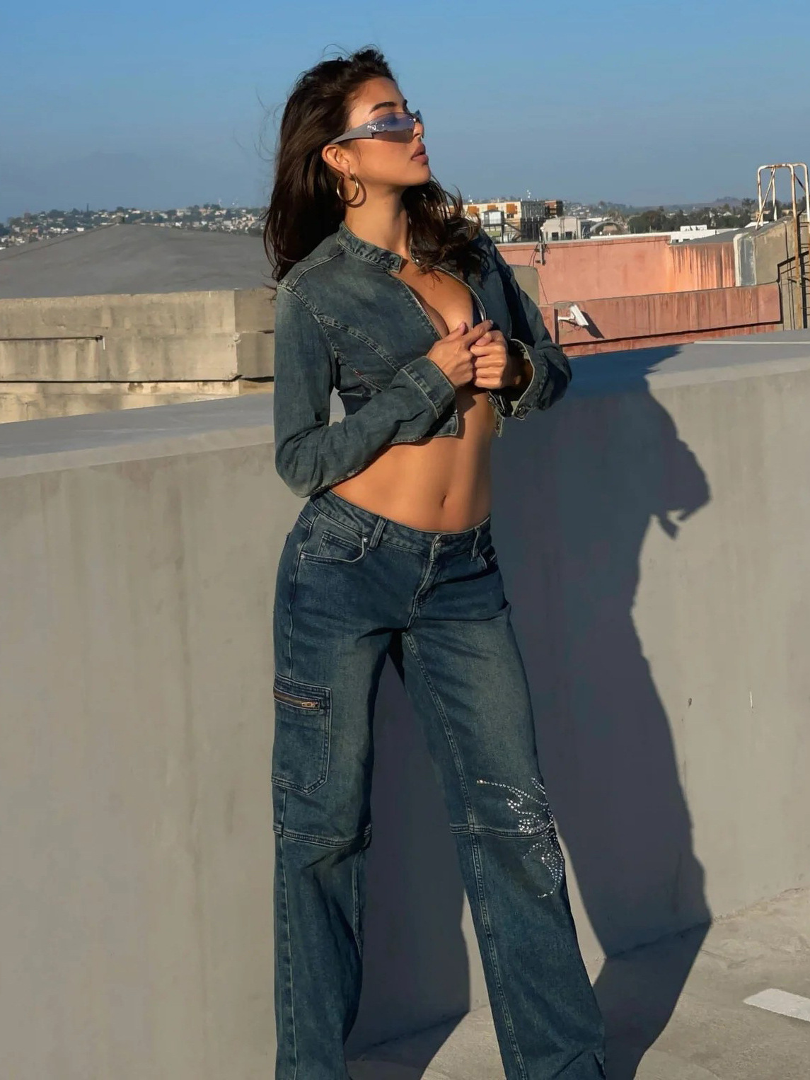 American Straight-Leg Denim Jeans with Crystal-Studded Wing Design on the Back