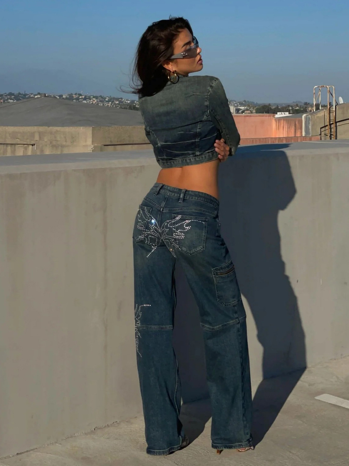 American Straight-Leg Denim Jeans with Crystal-Studded Wing Design on the Back