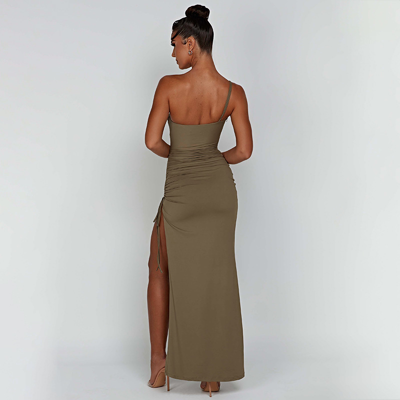 Designsoo Asymmetrical Strap Sexy Bodycon Ruched High-Slit Maxi Dress for Women