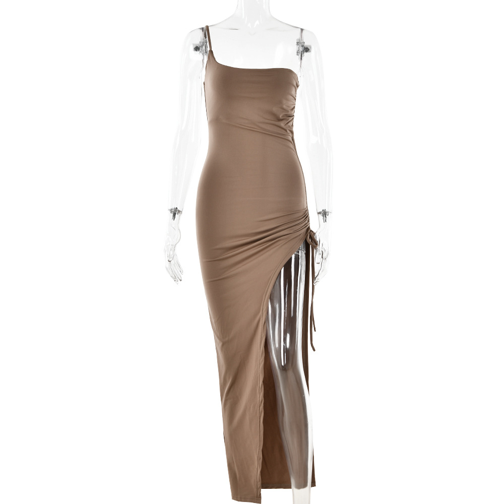Designsoo Asymmetrical Strap Sexy Bodycon Ruched High-Slit Maxi Dress for Women