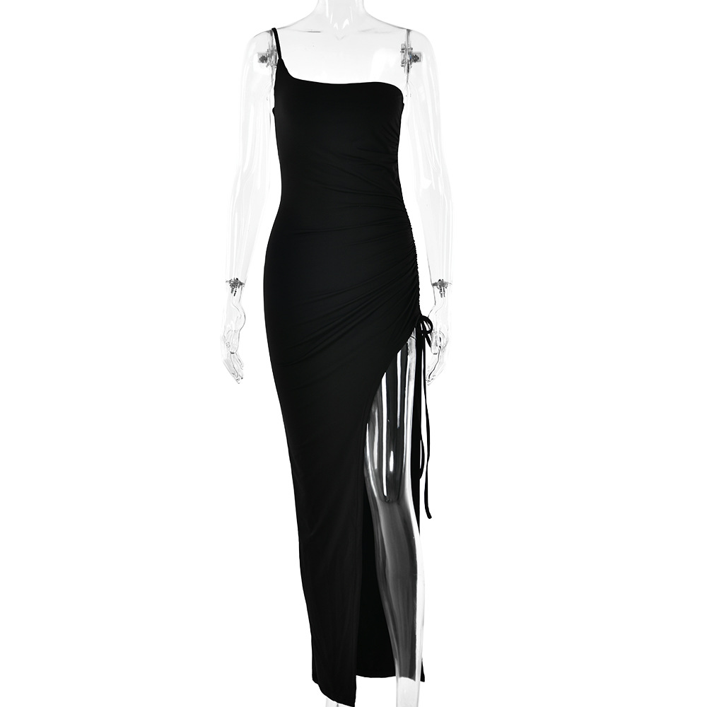 Designsoo Asymmetrical Strap Sexy Bodycon Ruched High-Slit Maxi Dress for Women
