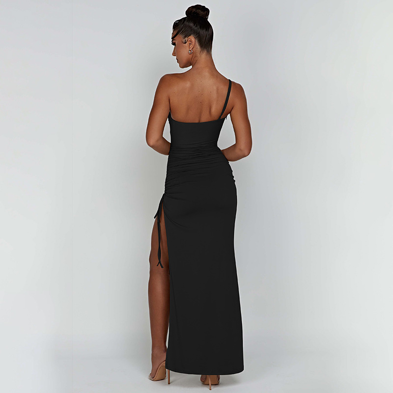 Designsoo Asymmetrical Strap Sexy Bodycon Ruched High-Slit Maxi Dress for Women