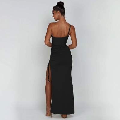 Designsoo Asymmetrical Strap Sexy Bodycon Ruched High-Slit Maxi Dress for Women 02