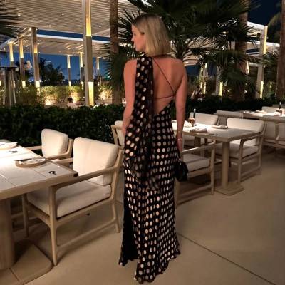 Designsoo Elegant Halter Neck Backless Polka Dot Chiffon Bodycon Long Dress 02