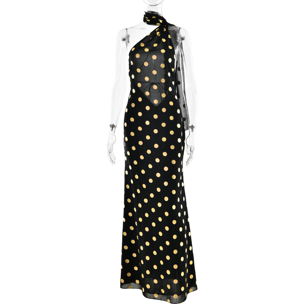 Designsoo Elegant Halter Neck Backless Polka Dot Chiffon Bodycon Long Dress