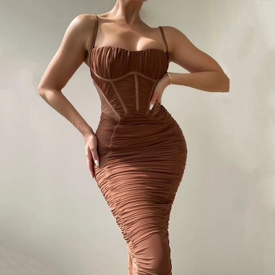 Designsoo European and American Style Sexy Backless Bodycon Waist-Cinching Ruched Maxi Dress 01
