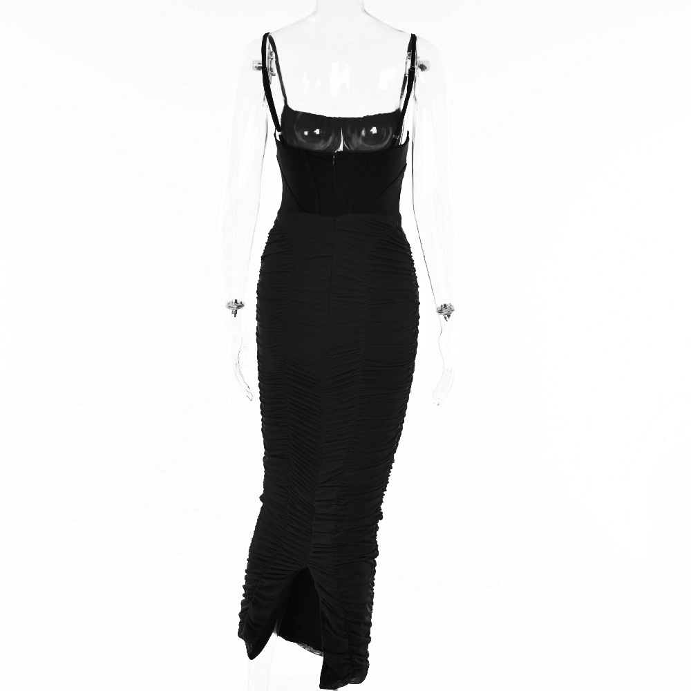 Designsoo European and American Style Sexy Backless Bodycon Waist-Cinching Ruched Maxi Dress