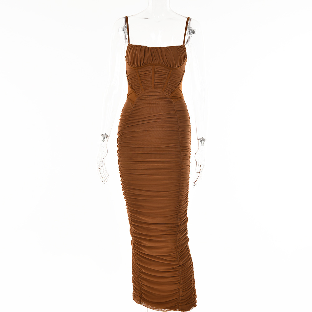 Designsoo European and American Style Sexy Backless Bodycon Waist-Cinching Ruched Maxi Dress