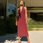 Designsoo Fashionable Halter Collar Bodycon Midi Dress with Open Back