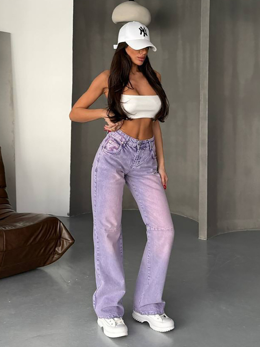 High Street Unique Vintage Wash Patchwork Straight-Leg Denim Jeans