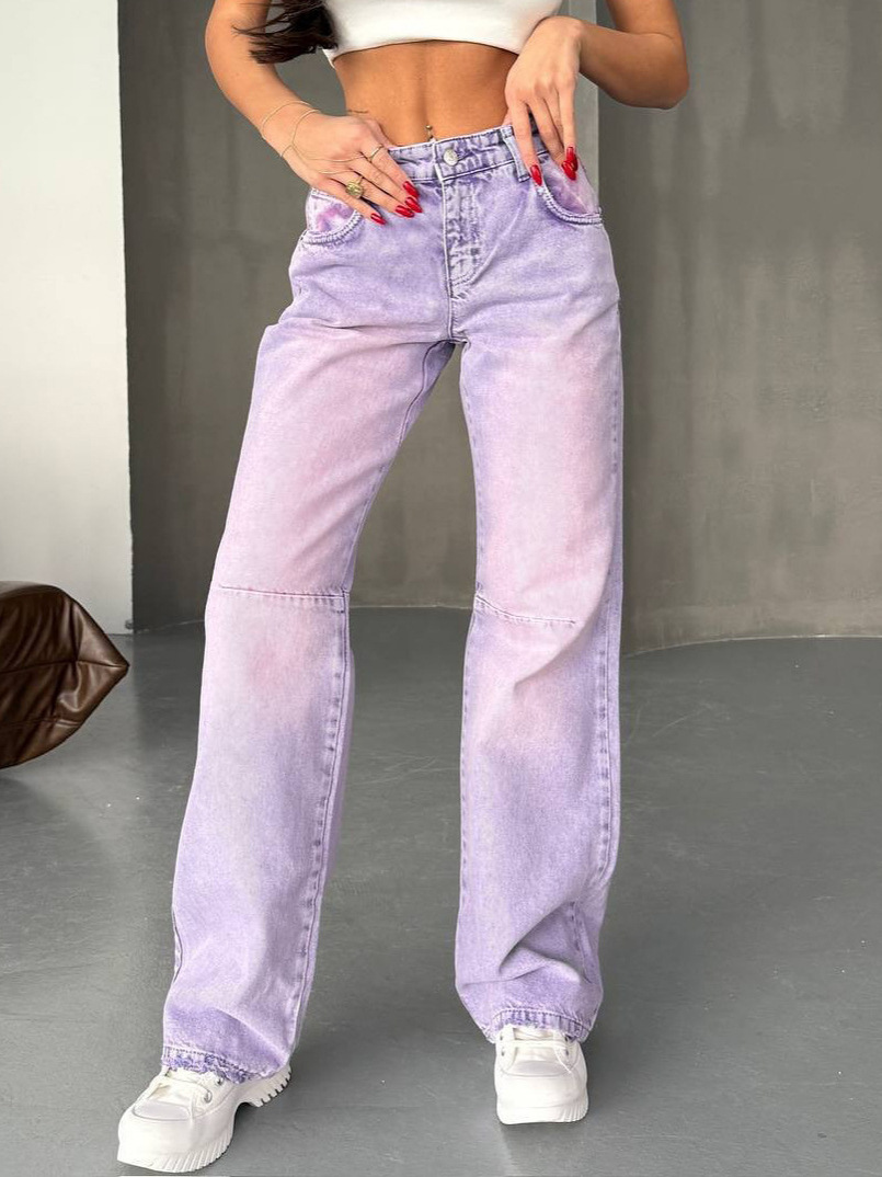 High Street Unique Vintage Wash Patchwork Straight-Leg Denim Jeans
