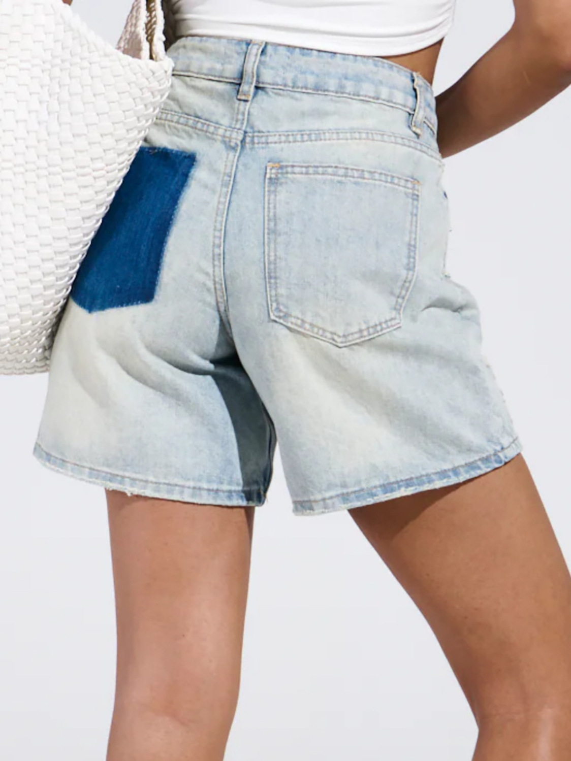 High-Waisted Distressed Denim Shorts with Contrasting Pockets - Versatile and Stylish