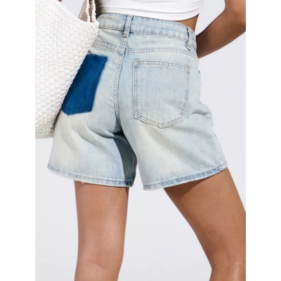 High-Waisted Distressed Denim Shorts with Contrasting Pockets - Versatile and Stylish 02