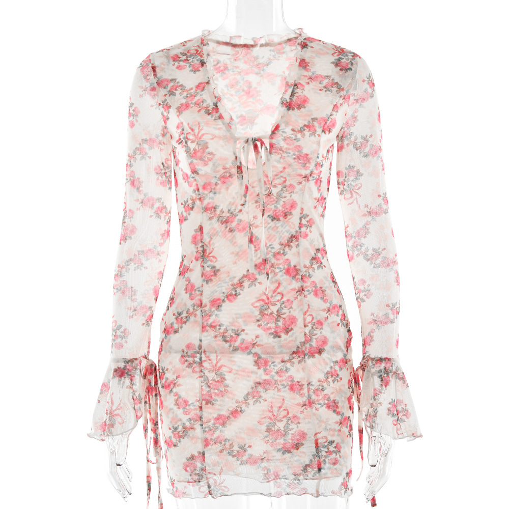 Designsoo Sexy Bodycon Deep V Mesh Long Sleeve Tie Dress