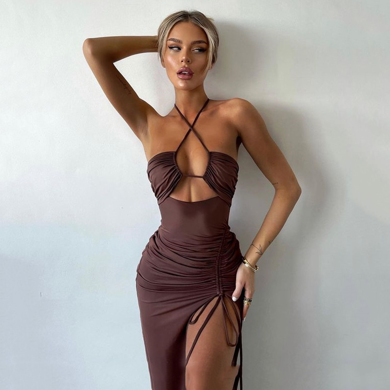Designsoo Sexy Bombshell High Slit Ruched Halter Neck Flattering Long Dress