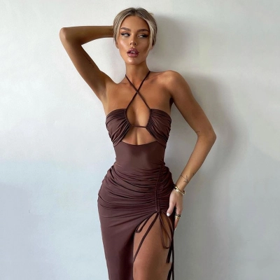 Designsoo Sexy Bombshell High Slit Ruched Halter Neck Flattering Long Dress 02