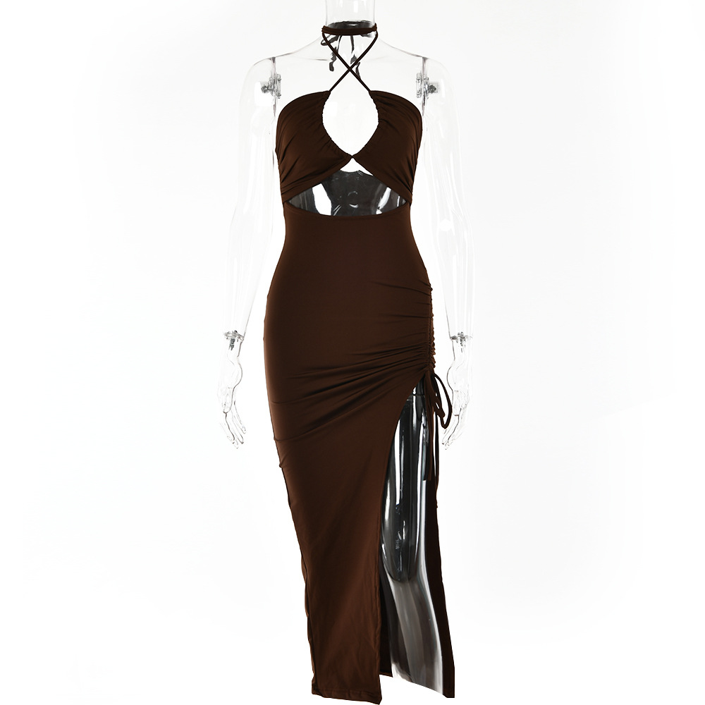 Designsoo Sexy Bombshell High Slit Ruched Halter Neck Flattering Long Dress