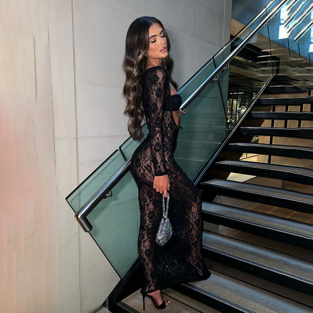 Designsoo Sexy Lace Sheer Long Sleeve Bodycon Dress
