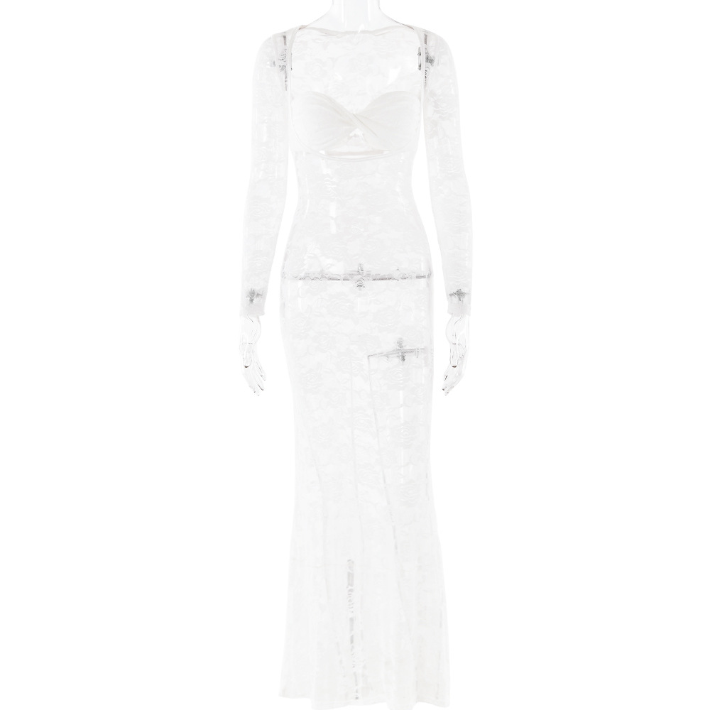 Designsoo Sexy Lace Sheer Long Sleeve Bodycon Dress