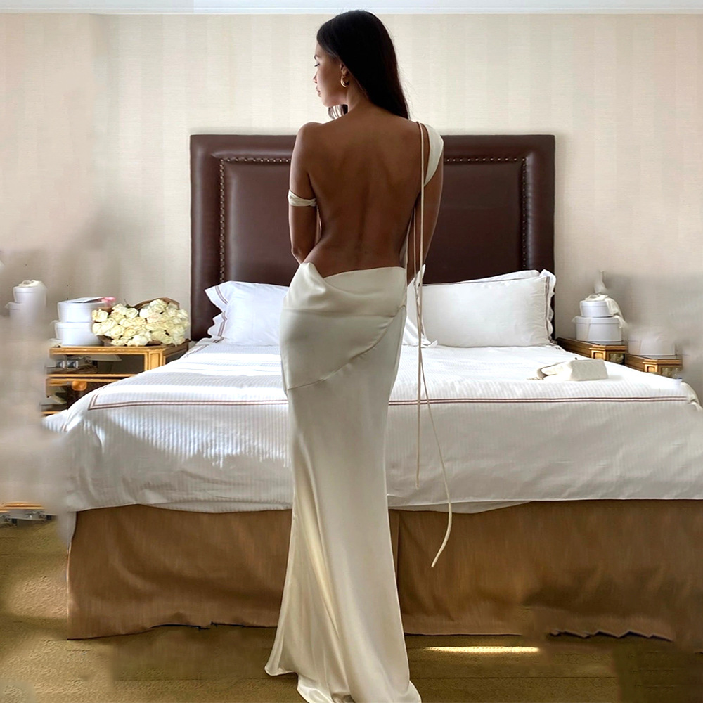 Designsoo Sexy One-Shoulder Sleeveless Elegant Satin Backless Tied Dress