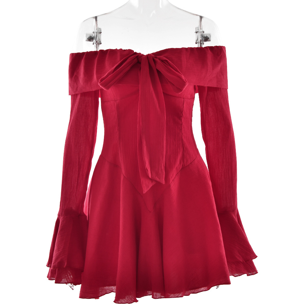 Designsoo Sexy Waist-Cinching Off-the-Shoulder Flare Sleeve Dress