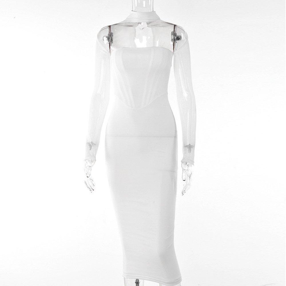 Designsoo Sheer Mesh Long Sleeve Cutout Deep V-Neck Dress