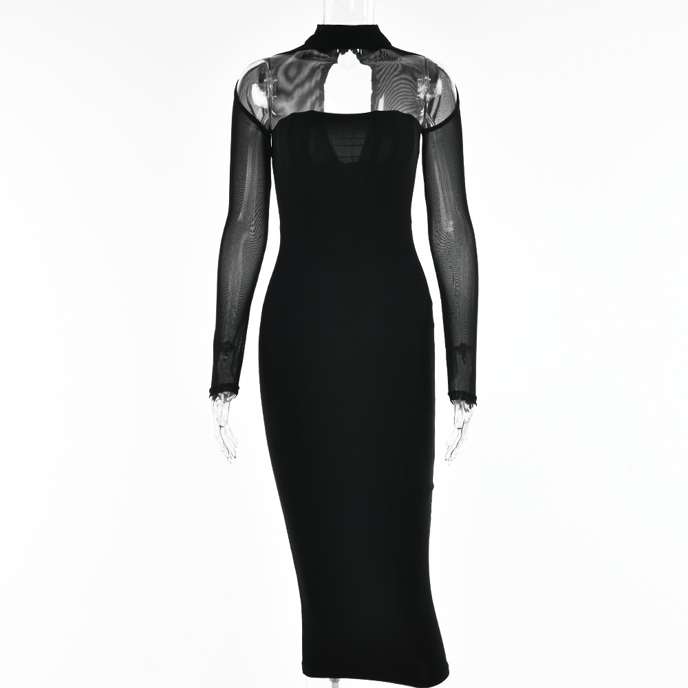 Designsoo Sheer Mesh Long Sleeve Cutout Deep V-Neck Dress