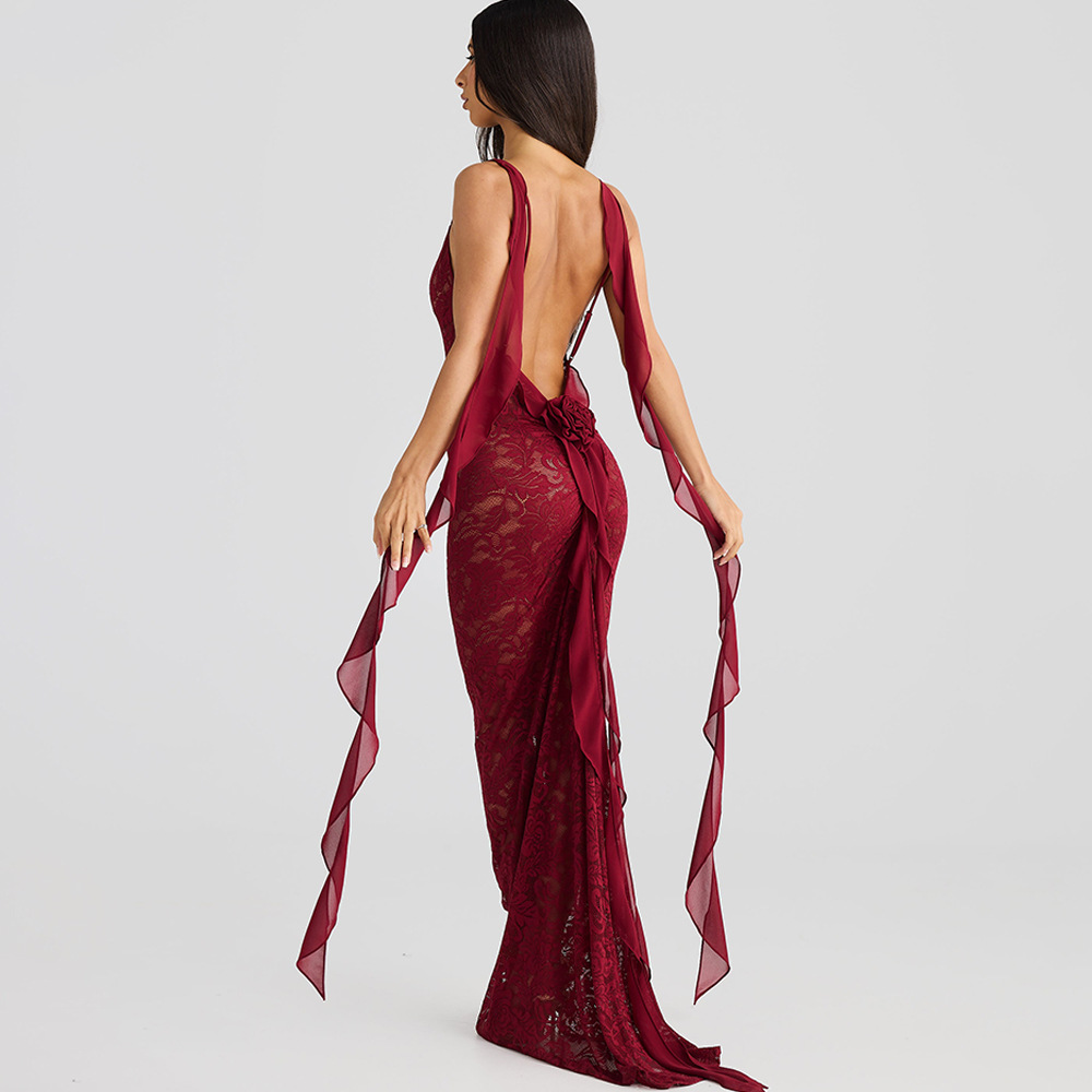 Designsoo Strap Backless Train Long Dress with Fashionable Sexy Ribbon Sheer Bodycon Design