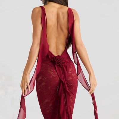 Designsoo Strap Backless Train Long Dress with Fashionable Sexy Ribbon Sheer Bodycon Design 02