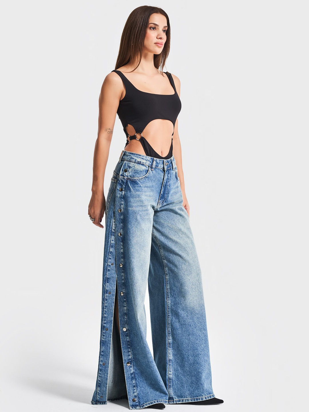 Street Style Side Button Placket High-Slit Wide-Leg Denim Jeans