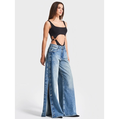 Street Style Side Button Placket High-Slit Wide-Leg Denim Jeans 01