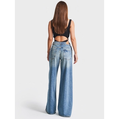 Street Style Side Button Placket High-Slit Wide-Leg Denim Jeans 02