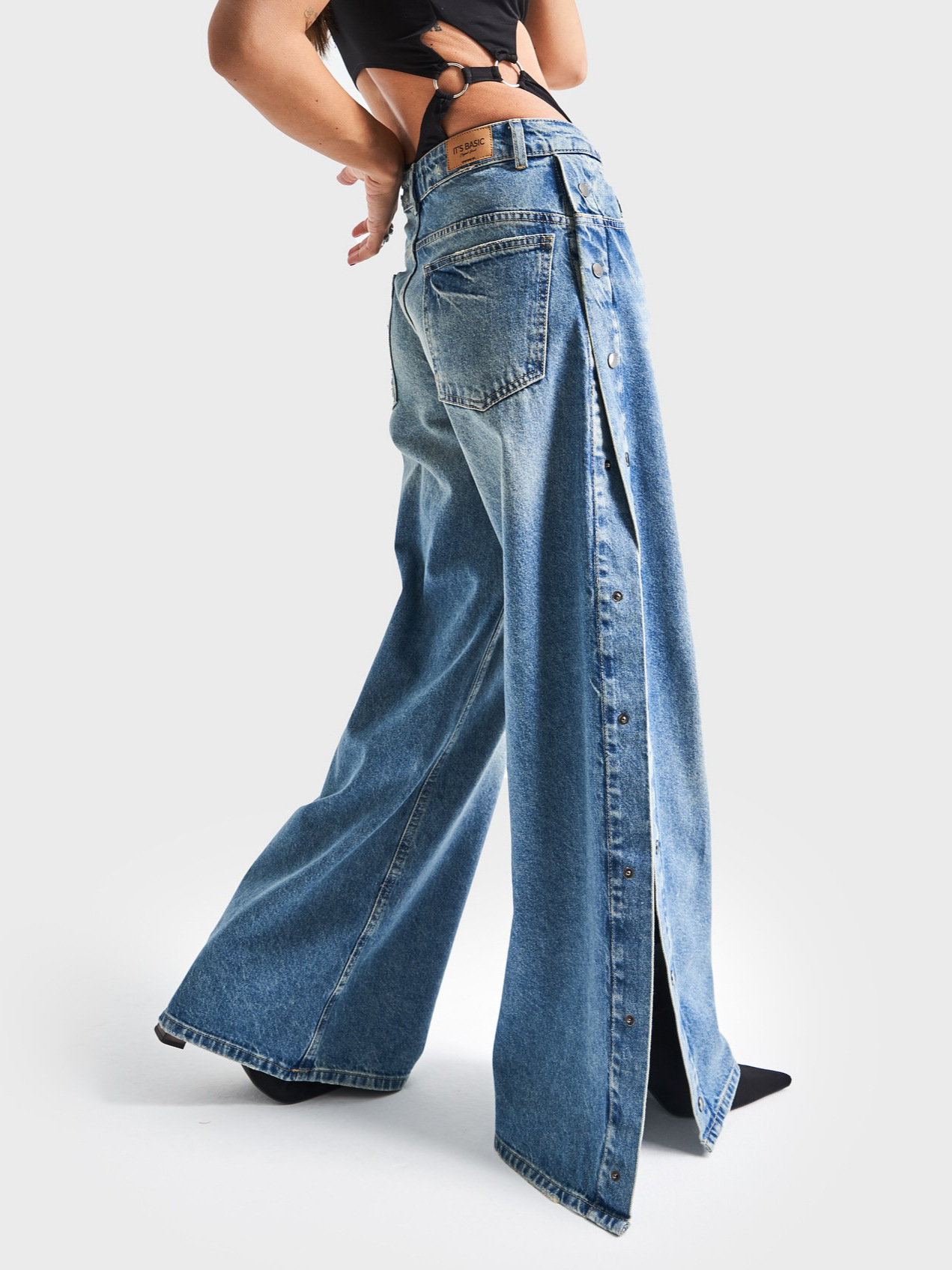 Street Style Side Button Placket High-Slit Wide-Leg Denim Jeans