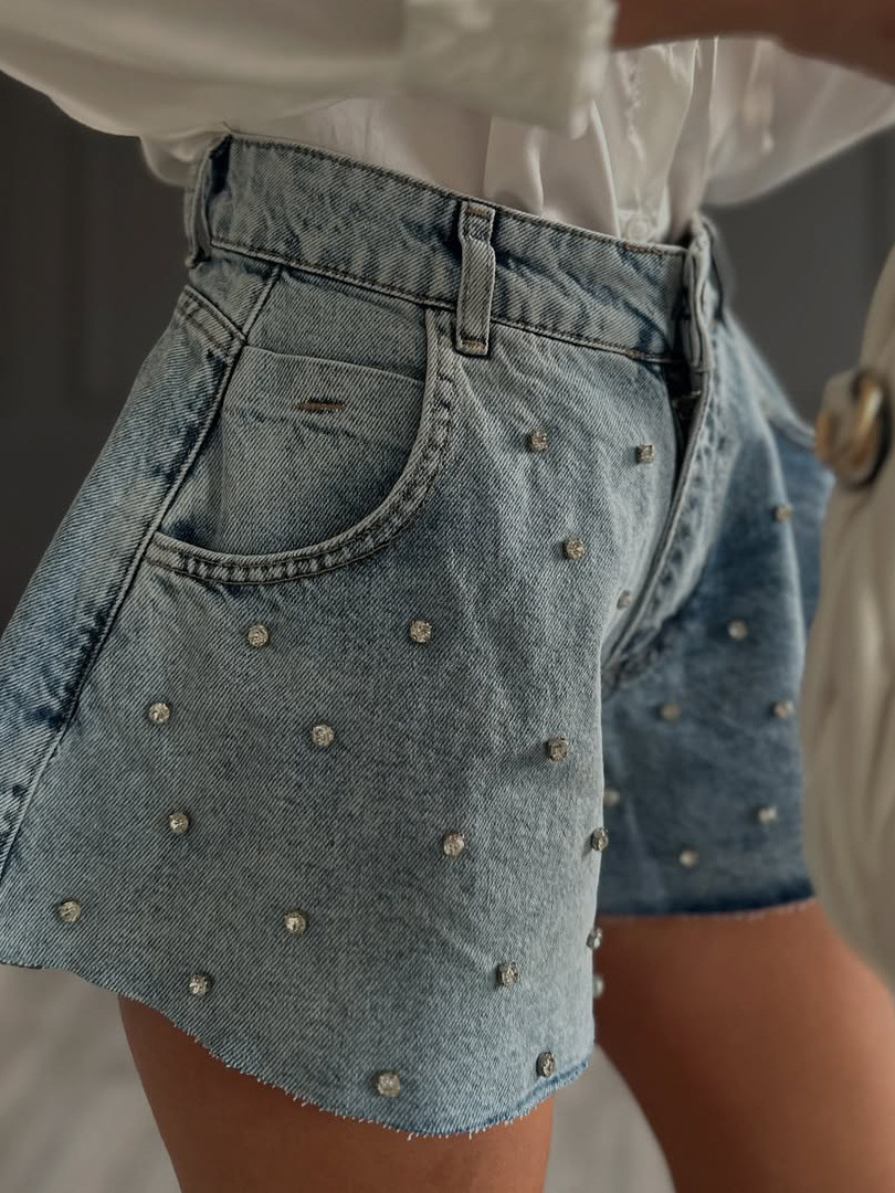 Studded Denim Shorts with Cuffed Hem - Fashionable, Slimming Hot Pants for Petite Women