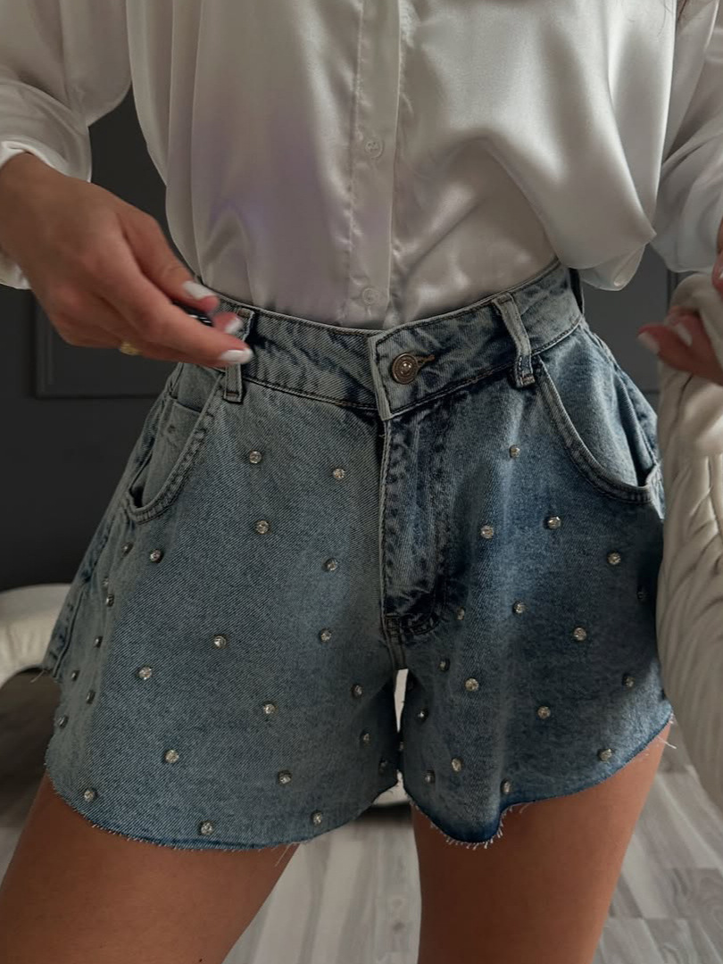 Studded Denim Shorts with Cuffed Hem - Fashionable, Slimming Hot Pants for Petite Women
