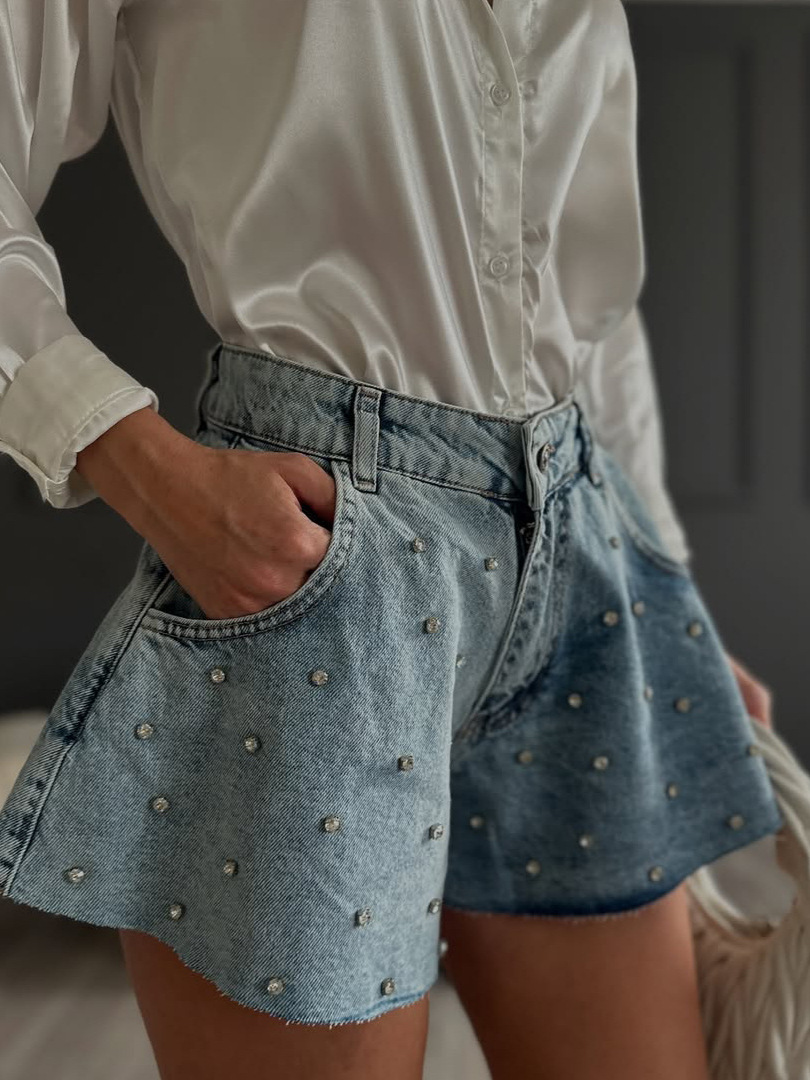 Studded Denim Shorts with Cuffed Hem - Fashionable, Slimming Hot Pants for Petite Women