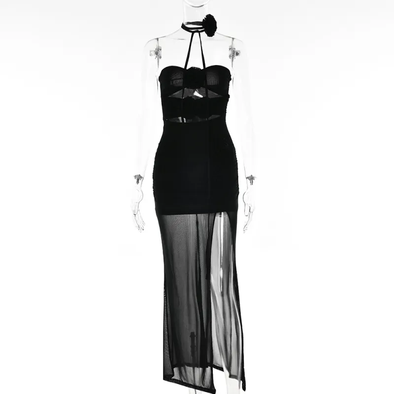 Designsoo Trendy Backless Off-the-Shoulder Maxi Dress with Side Slit and Sheer Cutouts for Women