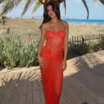 Designsoo Trendy Sexy Bodycon Mesh Panel Off-the-Shoulder Cutout Sheer Maxi Dress for Women