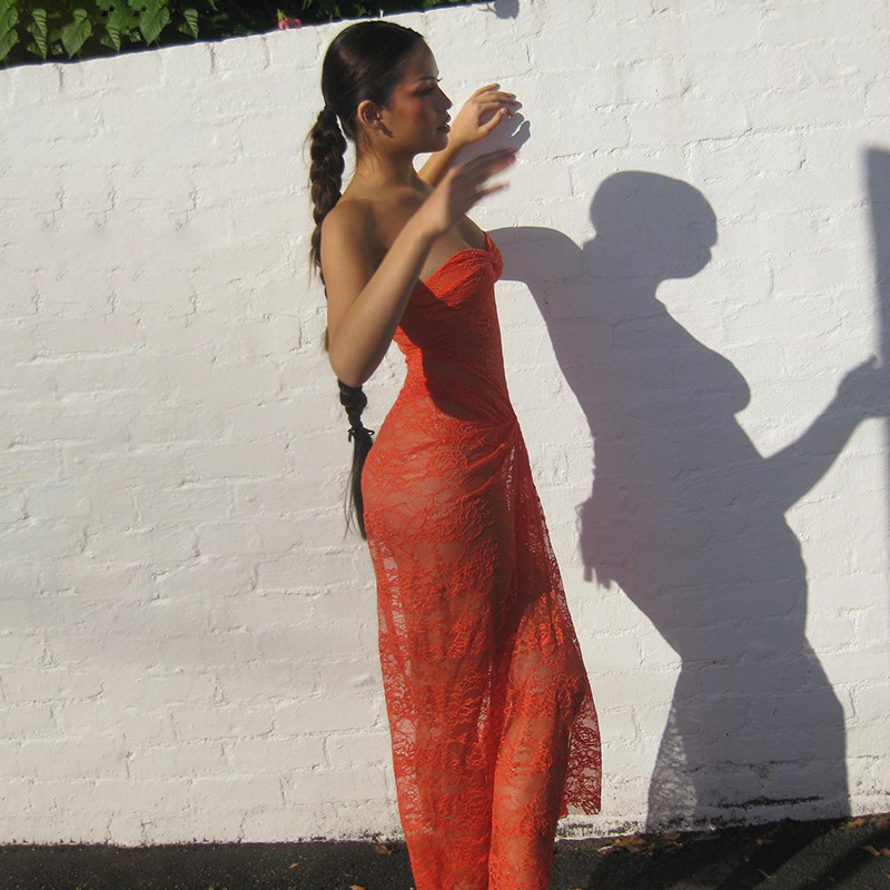 Designsoo Trendy Sexy Bodycon Mesh Panel Off-the-Shoulder Cutout Sheer Maxi Dress for Women