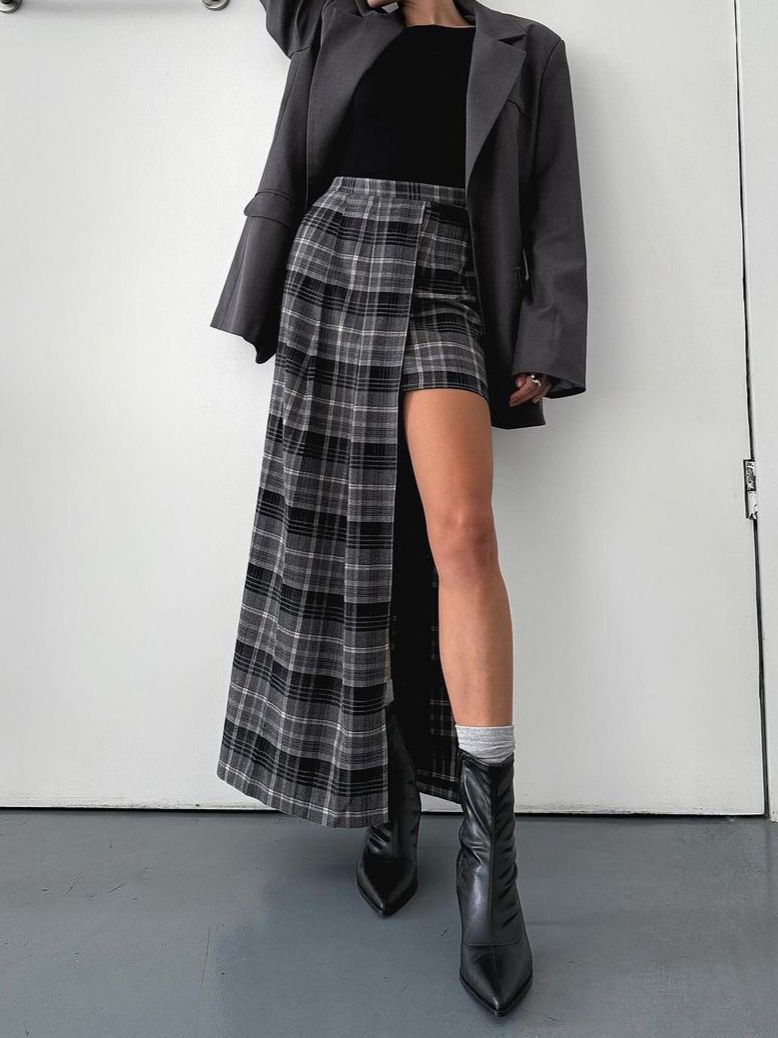 Designsoo Asymmetrical Design Plaid Skirt