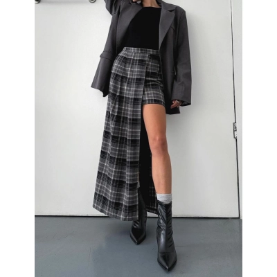Designsoo Asymmetrical Design Plaid Skirt 02