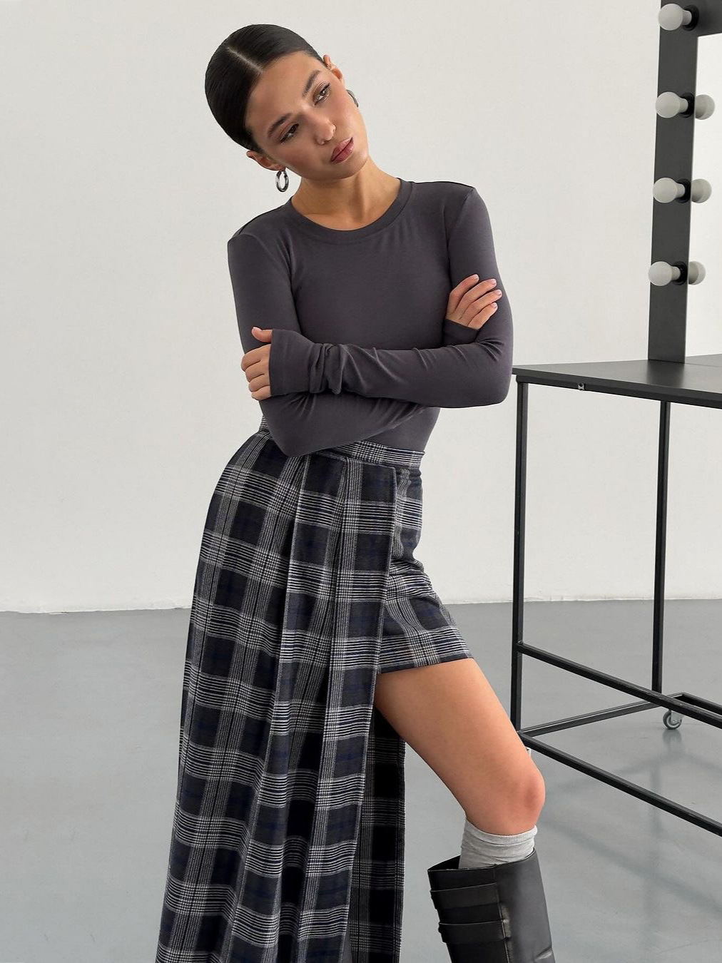 Designsoo Asymmetrical Design Plaid Skirt