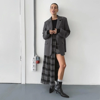 Designsoo Asymmetrical Design Plaid Skirt 01