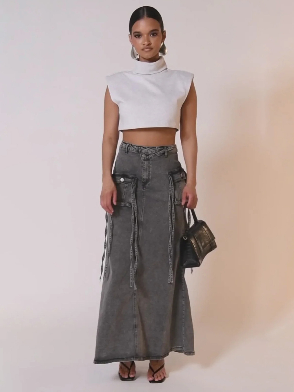 Designsoo Asymmetrical Waist Design Unique Denim Workwear High-Waist Skirt
