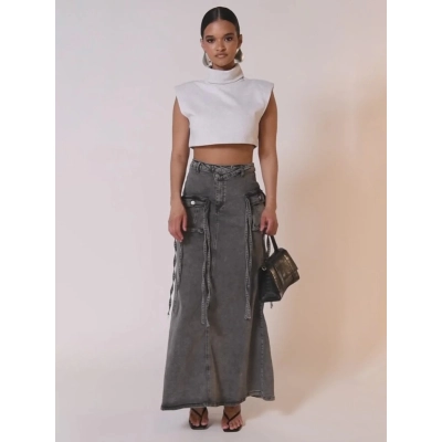 Designsoo Asymmetrical Waist Design Unique Denim Workwear High-Waist Skirt 01