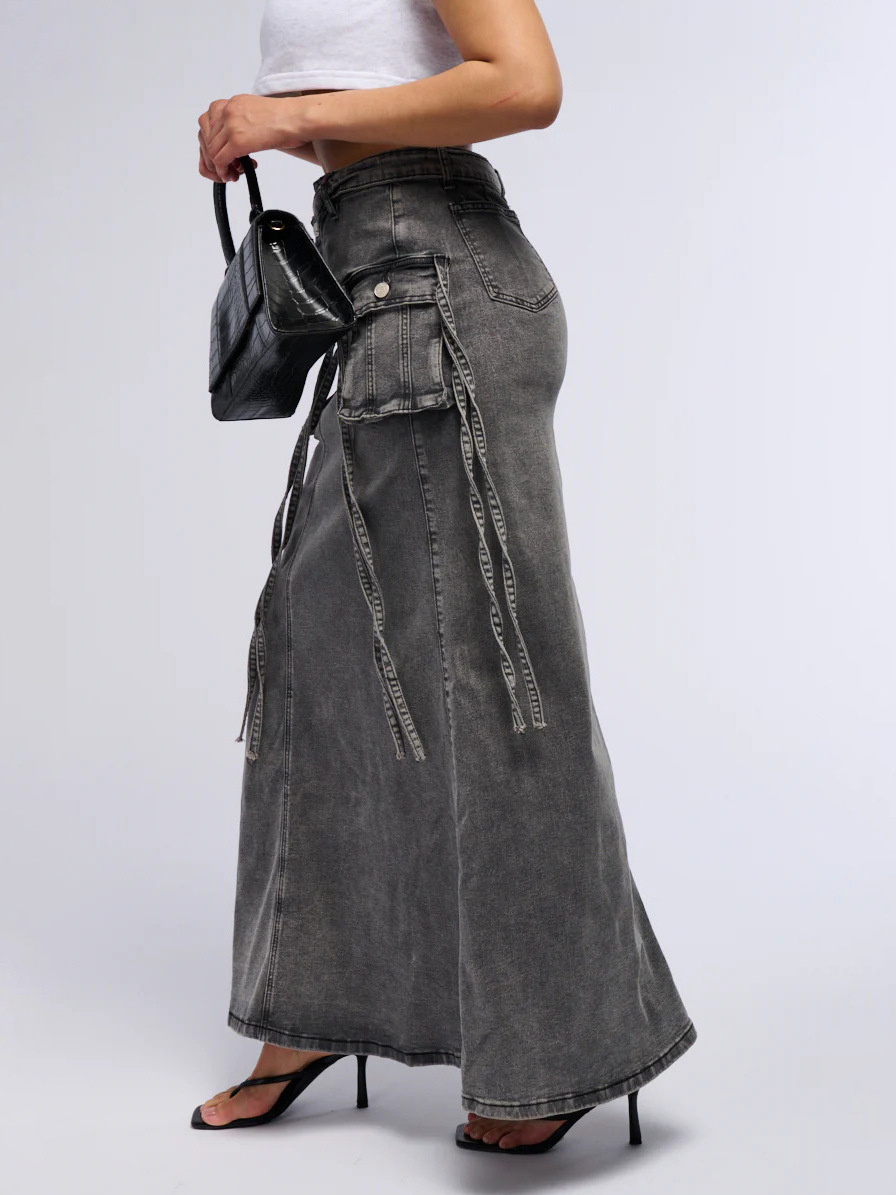 Designsoo Asymmetrical Waist Design Unique Denim Workwear High-Waist Skirt