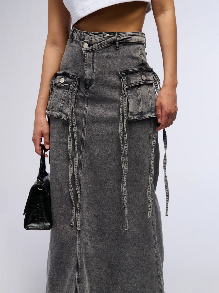 Designsoo Asymmetrical Waist Design Unique Denim Workwear High-Waist Skirt