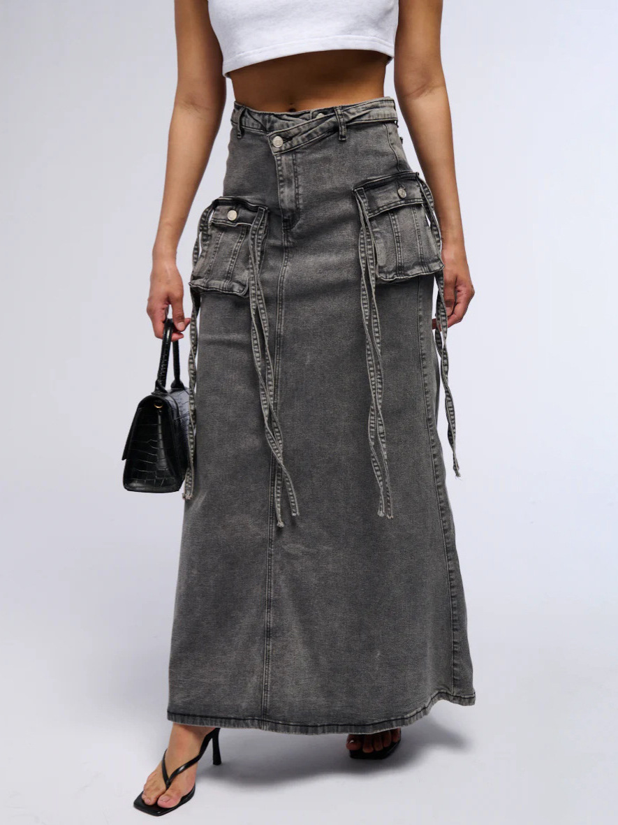 Designsoo Asymmetrical Waist Design Unique Denim Workwear High-Waist Skirt